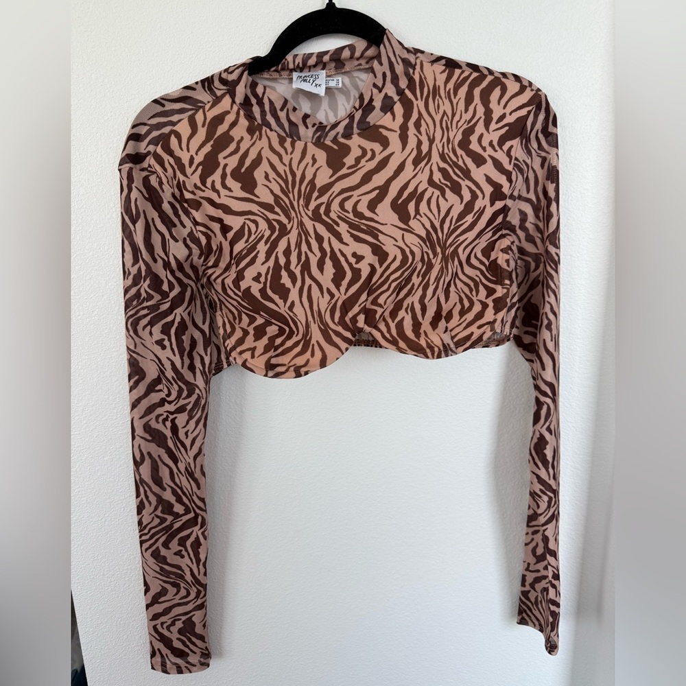 Princess Polly Brown Tan Mesh Long Sleeve Crop Blouse